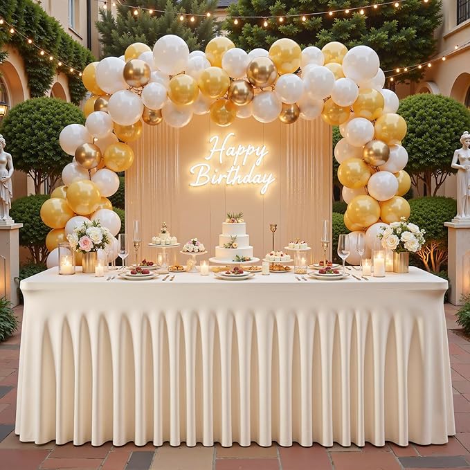 2 Packs Light Champagne Table Clothes for 6 Foot Rectangle Tables, One-Piece Wrinkle Resistant Stretch Spandex Table Covers with Skirt for Event Banquet Wedding Birthday Party