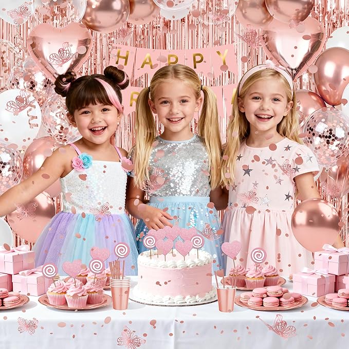 Sweet Rose Gold Birthday Party Decorations pack for Girls,Women-Happy Birthday Banners,Curtains Cake Topper decor,12pcs Butterfly,Plates Cups Napkins Straws for 25 Guest & More