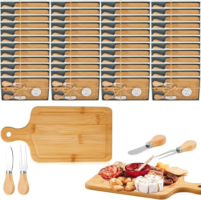 70 Set Bridal Baby Shower Cheese Prizes Wooden Square Board Gift Set Knives Forks Thank You Tags with Box for Guests for Valentines Bridal Baby Shower Housewarming Gifts (Bamboo Color)