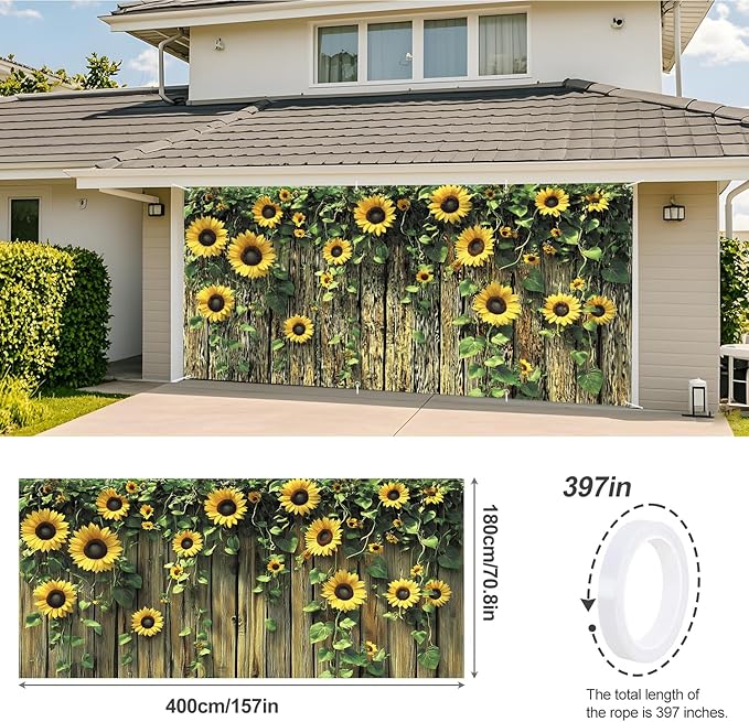 ANNA QUEEN Sunflower Fence Garage Door Banner 6 x 13FT, Vibrant Floral Sunflowers with Wooden Fence, Outdoor Garden Decoration for Spring and Summer Parties Home Decor