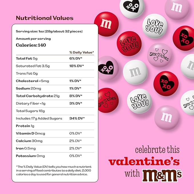 M&M’S Valentine's Day Chocolate Gift Bag, 2lb Red Pink White M&M'S with Messages, Bulk Valentine's Candy for Galentine’s Gifts, Party Favors, Candy Buffets, Classroom Treats, and Office Celebrations