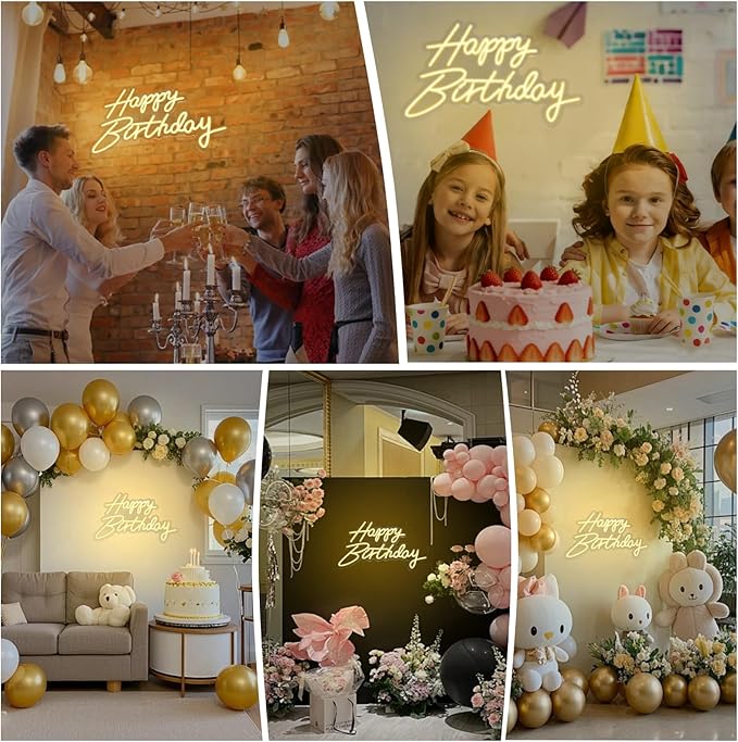 XC Happy Birthday Neon Sign Large Size 19.6×11.8 Inch Birthday Neon Lights for Party Decor Art Light Up Letters Signs for Room Backdrop Reunion Decoration 5V USB (Warm White)