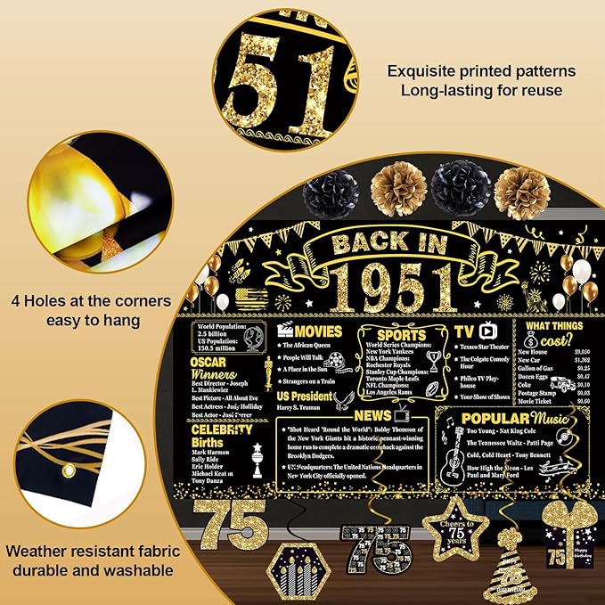 75th Birthday Decorations for Men Women, 103 PCS Back in 1951 Decorations, Vintage 75th Birthday Party Tableware Set for men,Backdrops,Card, Banner, Paper Poms,Hanging Swirl, Tableware for 24 Guests