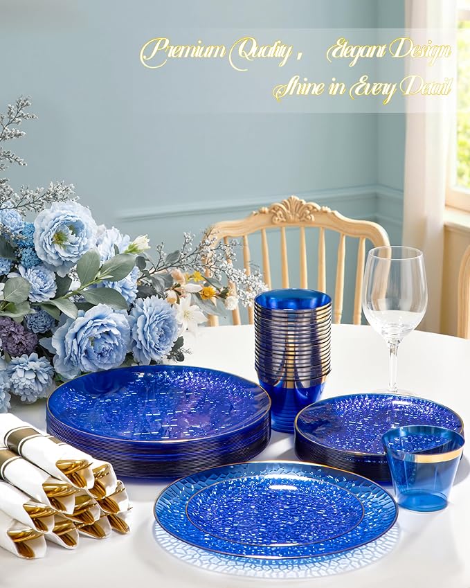 Hioasis 175pcs Blue Gold Plastic Plates - Blue Plastic Dinnerware Set Includes 25 Dinner Plate, 25 Dessert Plate, 25 Cups, 25 Napkins Perfect for Christmas & Party