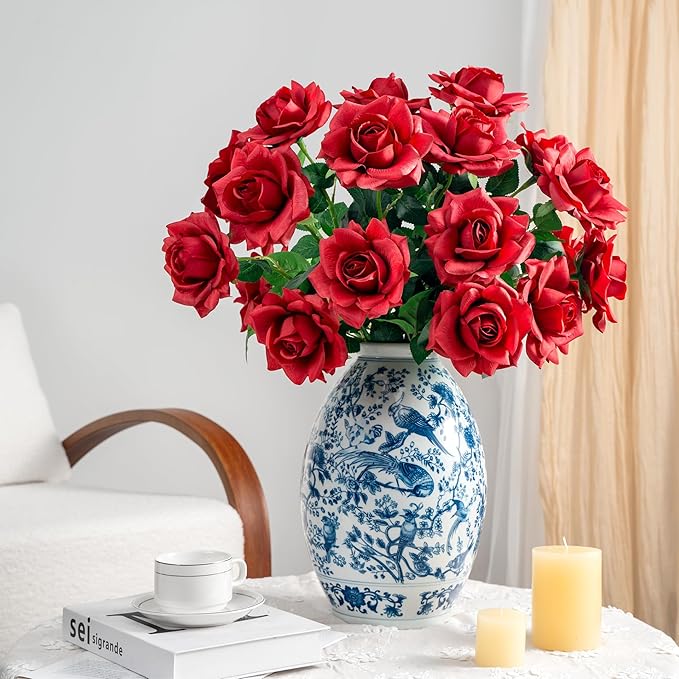 Artificial Flowers Artificial Roses Fake Roses 20PCS Long Stem Artificial Flowers for Tall Vase Silk Rose Suitable for Indoor Wedding Party Decor Valentine's Day DIY Bouquet Spring,Red, 23.2In
