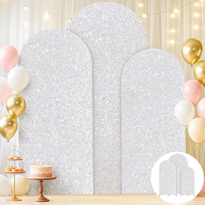 FUHSY Silver Arch Cover Set of 3 Arch Backdrop Cover 7.2FT/6.6FT/6FT Sparkle Sequin Chiara Backdrop Covers Spandex Wedding Arch Stand Covers for Party Birthday Banquet Ceremony Graduation Decor