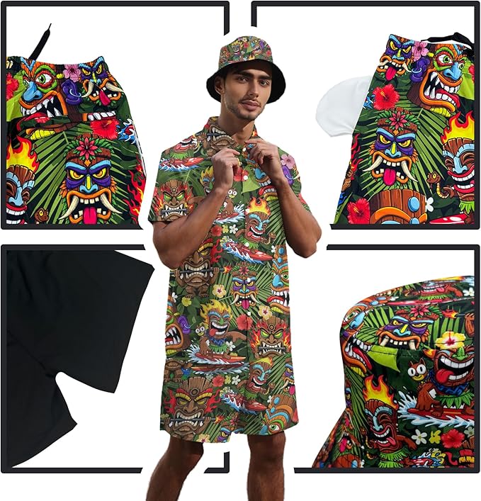 Men's Hawaiian Shirt and Shorts Set 2 Piece Beach Outfits with Bucket Hats for Beach Days and Summer Vibes