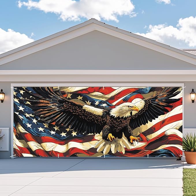 Eagle American Flag Garage Door Banner 7x16FT, Patriotic Bald Eagle & American Flag Design, Outdoor Decoration for Independence Day and National Holidays