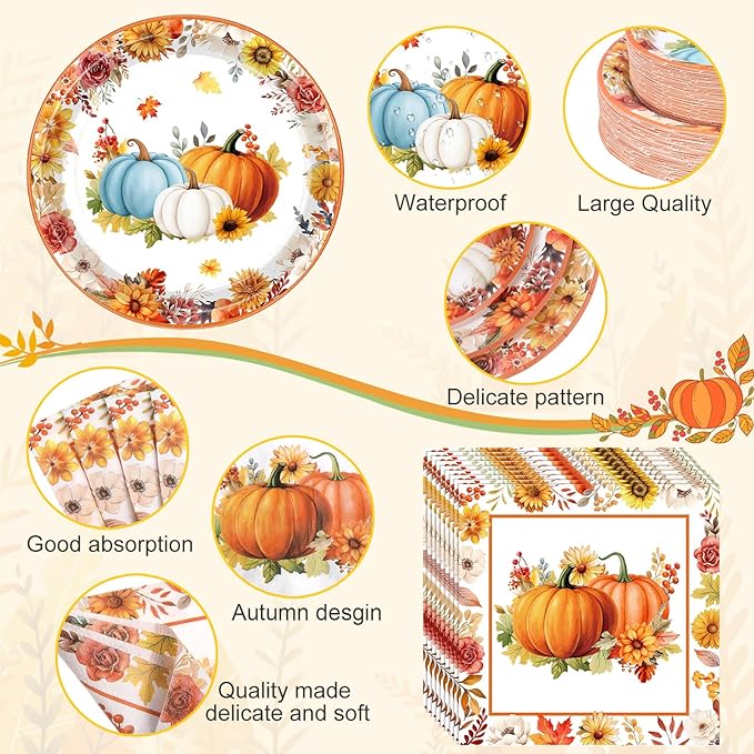 452 Pcs Party Supplies Serve 50 Guests, Paper Plates Napkins Cups Cutlery Plastic Tablecloth Dinnerware for Birthday Wedding Party Decoration(Colored,Pumpkin and Leaf)