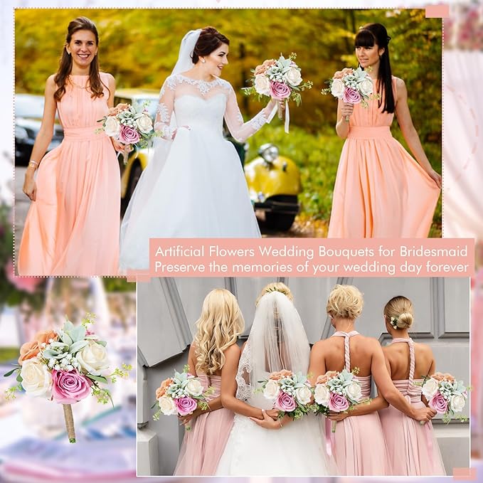 Bridesmaid Bouquets Set of 6 - Blush & Pink Artificial Flowers Bouquet for Bridesmaids Wedding Small Floral Centerpieces for Marriage Proposal Party Anniversary Dining Table Decor -7 Inch