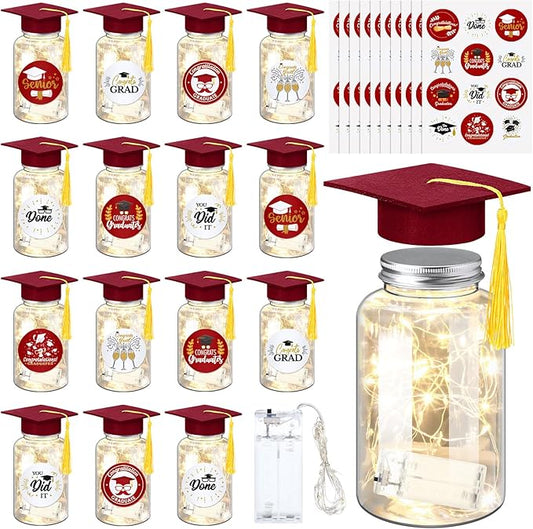 Boao 16 Sets Graduation Table Decoration Set with LED Light up Graduation Decorations for Class of 2026, Grad Jar, Felt Grad Hat and Stickers for High School College(Dark Red)