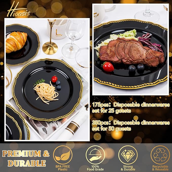 Hioasis 350pcs Black and gold Plastic Plates - Gold Plastic Dinnerware Set Includes 50 Dinner Plates, 50 Dessert Dinnerware, 50 Cups, 50 Rolled Napkin Cutlery Perfect for Wedding & Party