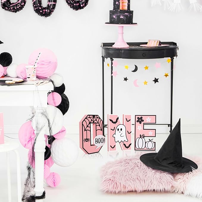 Halloween Wooden ONE Sign - Pink Halloween Boo Wooden Centerpiece Table Decoration, Halloween Decorations Indoor ONE Letter, Baby Girl Birthday Supplies.