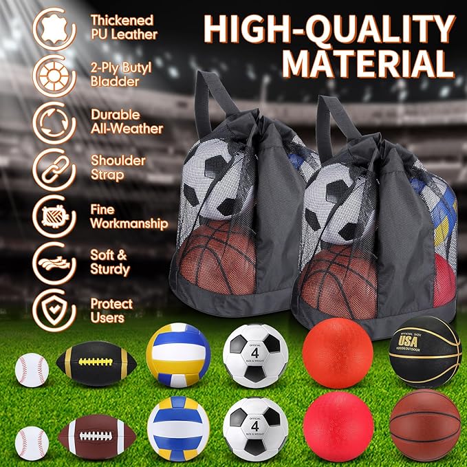 Deekin 12 Pcs Assorted Sport Ball Set for Kids Official Size Basketball Football Volleyball Soccer Baseball Playground Ball with Bag and Pump for Valentine's Kid Youth Gift