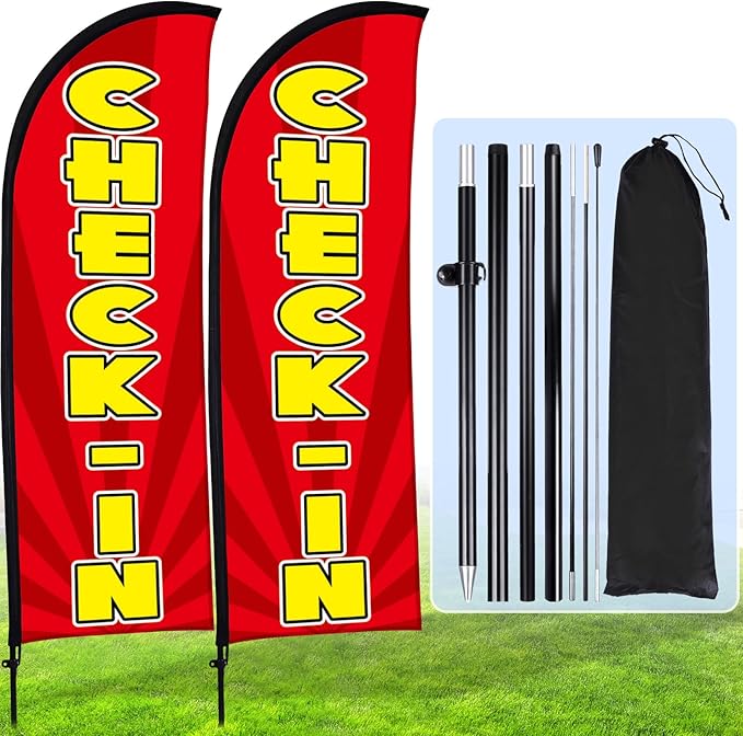 Buryeah 2 Sets Check-in Feather Flag 8 ft Check-in Advertising Banner Swooper Flag with Pole Kit and Ground Stake for Marathons and Special Events Outside, Red