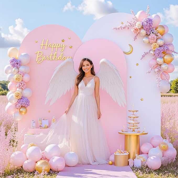 Pink and White Arch Backdrop Cover Set of 3 - Spandex Arch Covers 7.2FT 6.6FT 6FT Stretchy Fabric Backdrop for Wedding Ceremony, Bridal Baby Shower, Birthday Party, Photo Booth Background Decor