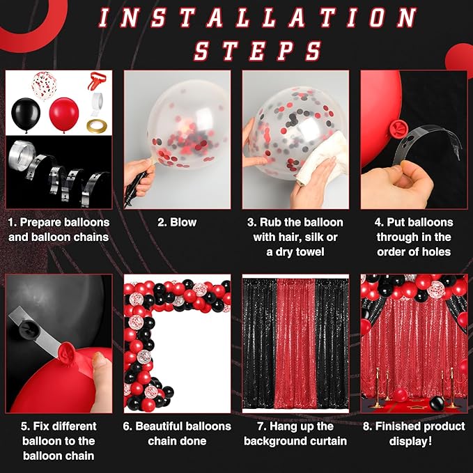 137 Pcs Red Black Party Backdrop Kits, 4 Sequin Backdrop Curtain 133 Balloon Arch Kit Garland Photo Background for Christmas 2026 New Year's Eve Anniversary Birthday Movie Night Decor