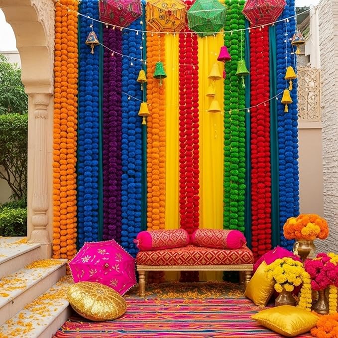 Giegxin 15 Pack Marigold Garland for Decoration 5 ft Long Strands Faux Artificial Marigold Flowers for Dia De Los Muertos Diwali Indian Wedding Party Decorations(5 Colors)