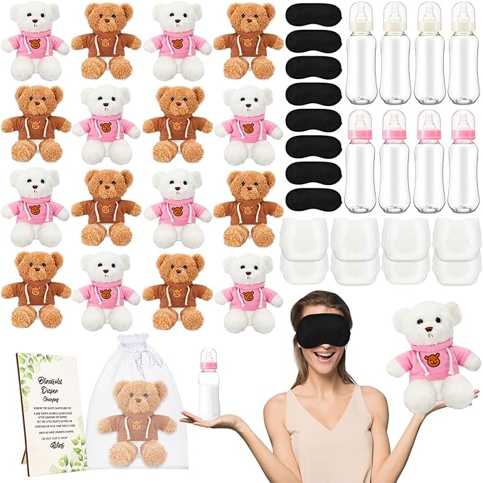 Vinsot 49 Pack Bear Blindfolded Diaper Changing Bottle Chug Games Set Boys Girls Funny Dolls Diapers for Gender Reveal Games Baby Changing Diaper Race Game Adult Prize Gift