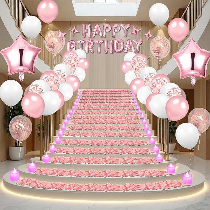 Pink Happy Birthday Balloons Decorations Pink White Birthday Balloon Letters Banner with 6 Pcs Star Balloons Artificial Rose Petal 24 Flameless LED Candles for Room Hotel Party Decorations Supplies