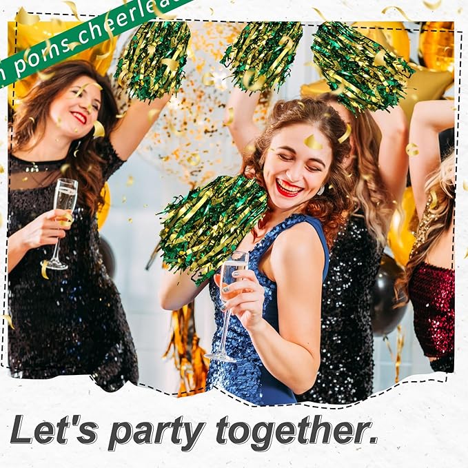 Hanaive 100Pcs Metallic Cheerleading Pom Poms with Baton Handle Cheerleader Pompom Foil 30g Cheering Squad Hand Flowers for Adults Team Spirit Sports Party Cheering