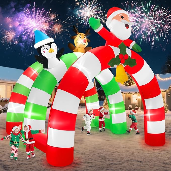 12FT Christmas Inflatable Archway with LED Light, Kalolary Santa Elk Inflatable Tunnel Stereoscopic Xmas Penguin Arch Inflatables Christmas Blow up Outdoor Decoration for Yard Lawn Party Shopping Mall