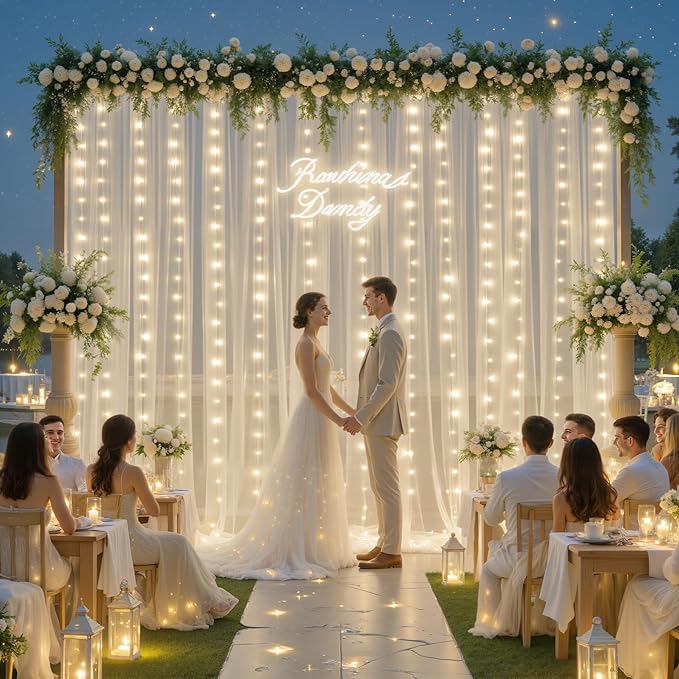 Ivory Tulle Backdrop Curtains with Lights String for Parites Wedding 10×10ft Sheer Backdrop Curtains for Baby Shower Birthday Party Photo Shoot Background Decorations