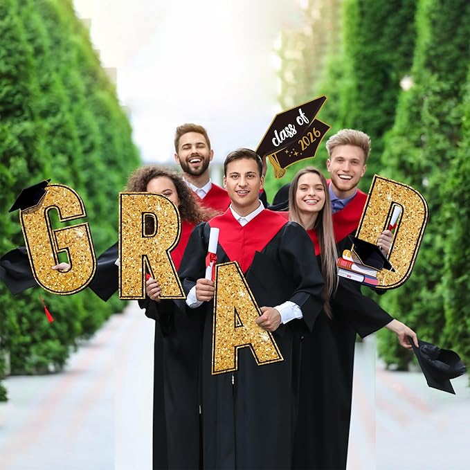 Aneco Waterproof 2026 Grad Yard Signs Plastic Graduation Yard Signs Party Outdoor Lawn Decorations 16 Inches Glitter Congrats Grad with Stakes for Outdoor, Lawn Party Decor (Black and Gold)