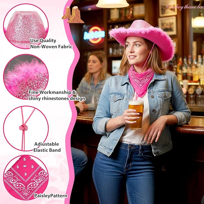 Coume 12 Pcs Sparkly Adults Cowboy Hat and Bandanas Women Men Western Glitter Cowgirl Party Hats with Adjustable Drawstring