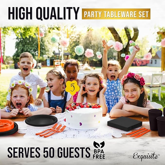 350 Pcs Orange & Black Plastic Plates For Party, Orange & Black Disposable Plates Set, 50 Of Each 9" Dinner Plate Set, 7" Dessert Plate, Cups, Napkins & Cutlery Plastic Dinnerware Exquisite