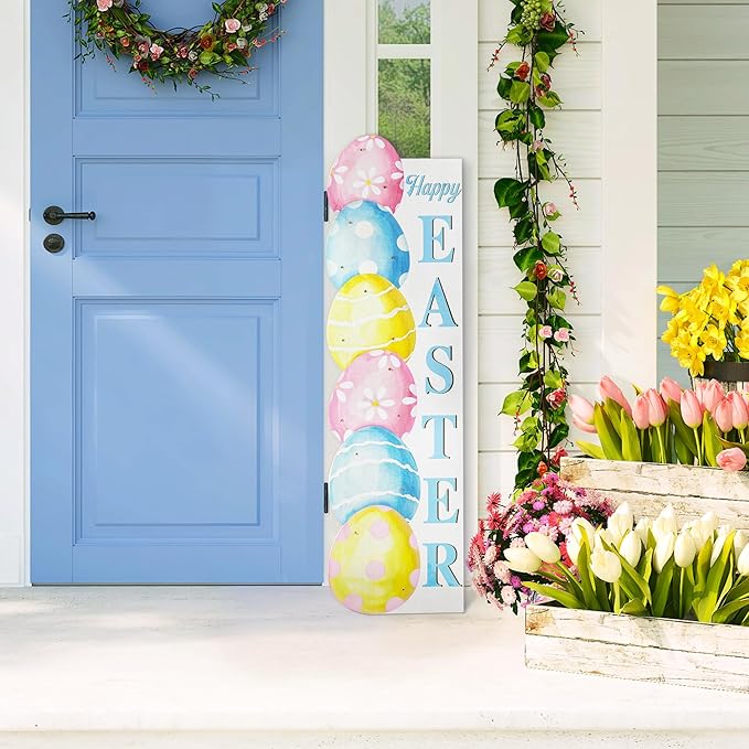 Glitzhome 42" Lighted Wooden Easter Porch Sign with Timer, Stacked Eggs Vertical Welcome Sign for Front Door Indoor Outdoor Spring Easter Party Decor