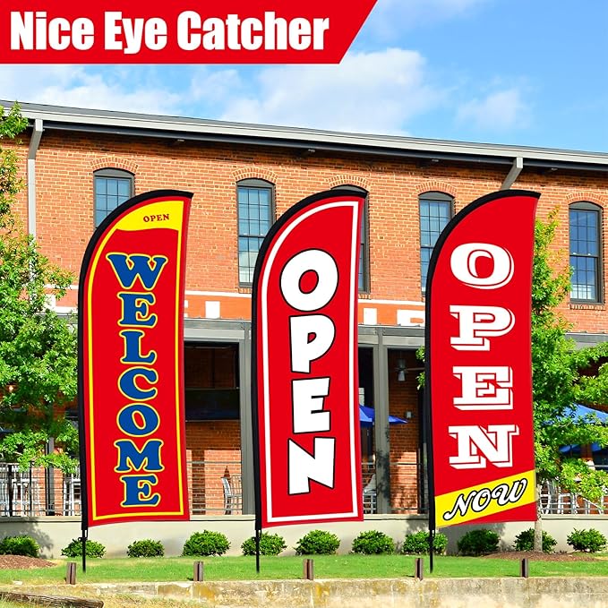 Buryeah 3 Sets Now Open Feather Flag Banner for Business Advertising 7 Feet Tall Grand Opening Feather Flag Sign with Fiberglass Pole Kit Rotating Ground Spike and Portable Bag(Red)
