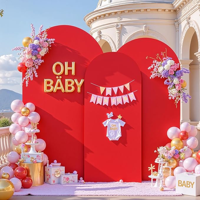 Red Arch Backdrop Cover Set of 3 - Spandex Arch Covers 7.2FT 6.6FT 6FT Stretchy Fabric Backdrop for Wedding Ceremony, Bridal Baby Shower, Birthday Party, Photo Booth Background Decor
