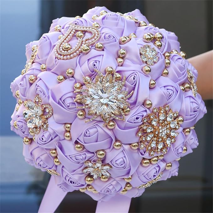 Bridal Wedding Bouquet for Bride Bridesmaid Wedding Quinceanera Throw Toss Artificial Rose Flower Bunch with Bling Brooch (07G#Light Purple, Medium (Dia. 8.7"/22cm))