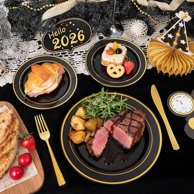 350 Pieces Black and Gold Plastic Plates with Disposable Silverware, Include 50 Dinner Plates 9”, 50 Dessert Plates 6.3”, 50 Black Cups 9 OZ, 50 Pre Rolled Napkins for New Year