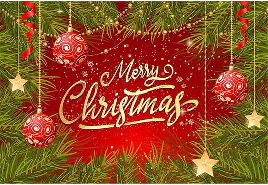 Baocicco 8x6.5ft Merry Christmas Backdrops for Photoshoot Green and Red Leaves Baubles Snowflake New Year Eve Banner Backdrop Xmas Party Decorations Winter Holiday Banner Photo Booth Studio Prop
