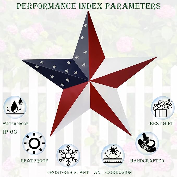 JoyEvy American Barn Star US Flag Stars Indoor Outdoor Decor, Metal Patriotic Star Wall Decoration, Texas Stars for Outside Rustic Vintage Western Country Home Farmhouse Wall Ornament(23.4inch)