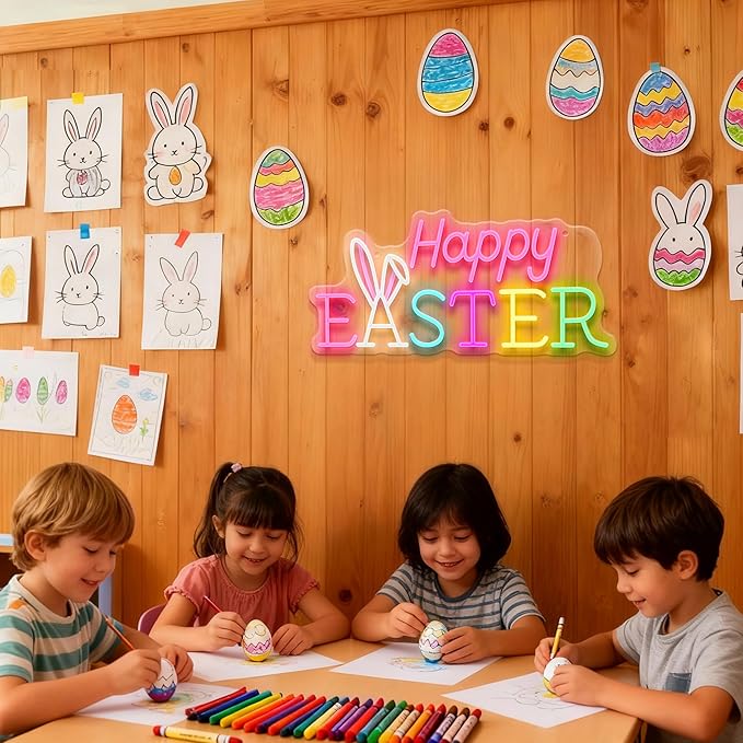 Happy Easter Neon Sign, Dimmable Led Sign Bunny Wall Decor, Easter Decorations for Home Window Living Room Party Spring Décor