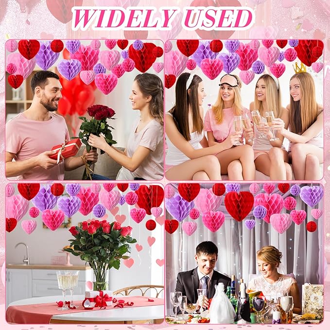 48 Pcs Valentine's Day Paper Heart Shaped Honeycomb Party Decorations Red Pink Purple Round Heart Tissue Paper Pom Poms for Birthday Wedding Decorations, 5 Size