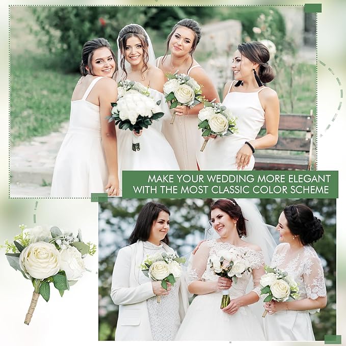 Bridesmaid Bouquets Set of 6 - Ivory White Artificial Flowers Bouquet for Bridesmaids Wedding Small Floral Centerpieces for Marriage Proposal Party Anniversary Dining Table Decor -7 Inch