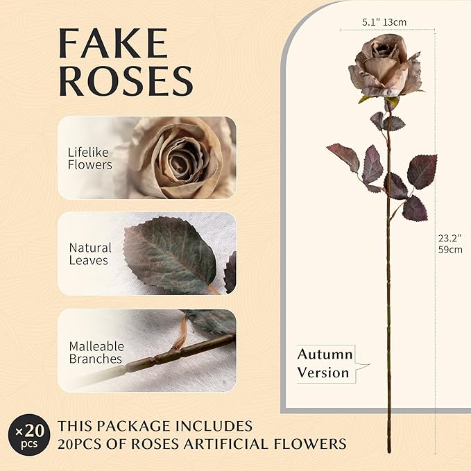 Artificial Flowers Artificial Roses Fake Roses 23.2In Long Stem Artificial Flowers for Tall Vase Silk Rose 20PCS Suitable for Indoor Decor Wedding Party Decoration DIY Bouquet Autumn (Brown)