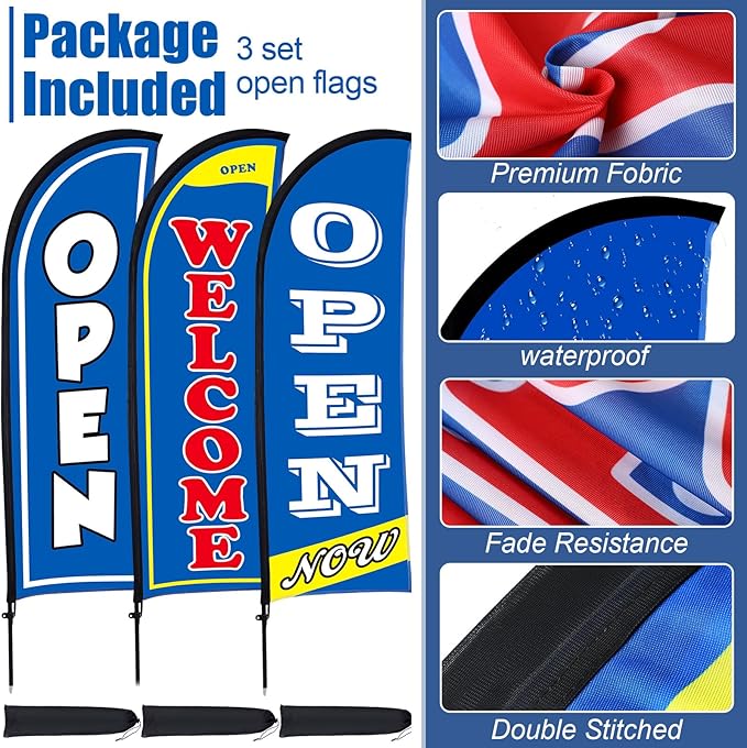 Buryeah 3 Sets Now Open Feather Flag Banner for Business Advertising 7 Feet Tall Grand Opening Feather Flag Sign with Fiberglass Pole Kit Rotating Ground Spike and Portable Bag (Blue)