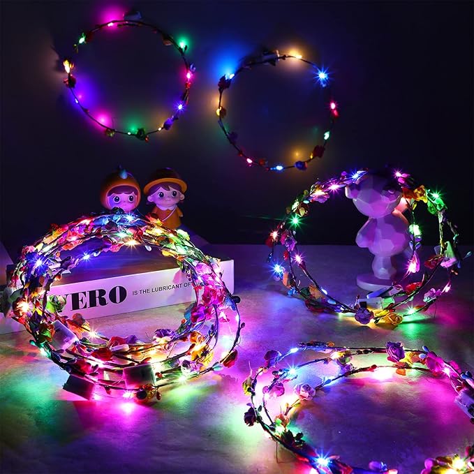 Syhood Valentines Day Gifts, 50 Pcs LED Flower Crowns Headbands, Light up Flower Crowns for Women, Glow in the Dark Headband for Wedding Birthday Mardi Gras Cosplay Princess Party Favors(Rose)