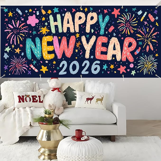 Happy New Year 2026 Garage Door Banner 7x16FT, Colorful Fireworks Garage Door Cover, Large Outdoor New Year Decoration Backdrop for Garage Doors, Fence, Yard, Holiday Party