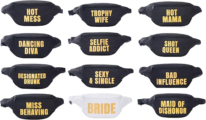 Bachelorette Fanny Pack Set (12 pack) Includes Bride Fanny Pack I Fanny Packs for Bachelorette Party Favors I Bride Tribe Funny Fanny Packs