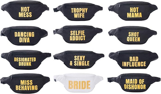 Bachelorette Fanny Pack Set (12 pack) Includes Bride Fanny Pack I Fanny Packs for Bachelorette Party Favors I Bride Tribe Funny Fanny Packs