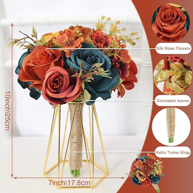 Set of 2 Bridesmaids Bouquets 7 inch Artificial Bridesmaid Bouquet for Wedding Silk Rose Small Floral Bouquet for Vintage Fall Bridal Shower Marriage Proposal Ceremony Decor - Dark Teal & Burnt Orange