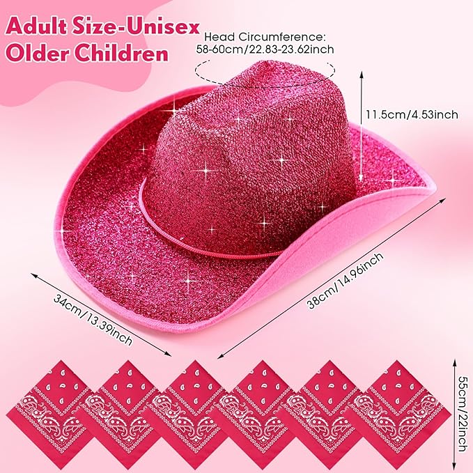 Coume 12 Pcs Sparkly Adults Cowboy Hat and Bandanas Women Men Western Glitter Cowgirl Party Hats with Adjustable Drawstring