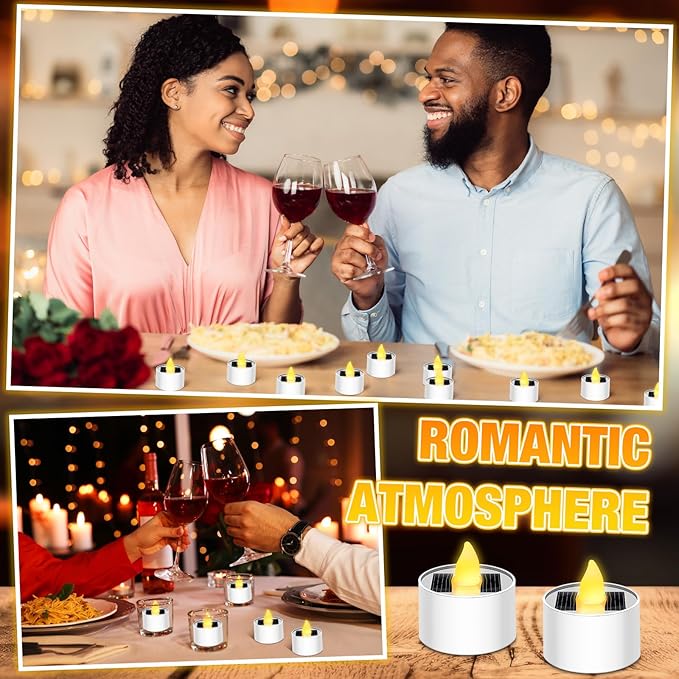 54 Pcs Solar Tea Lights Bulk Outdoor Waterproof Rechargeable Dusk to Dawn Lighting Small Valentine's Day Flameless Flickering LED Votive Candles for Garden Patio Party Lanterns (Amber)