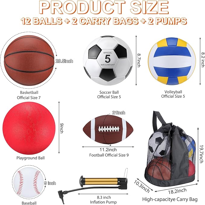 Deekin 12 Pcs Assorted Sport Ball Set Official Size Basketball Football Volleyball Soccer Baseball Playground Ball with Bag and Pump for Youth Adult Gifts